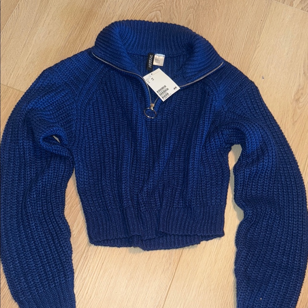Blue Cowl Neck Cropped Sweater